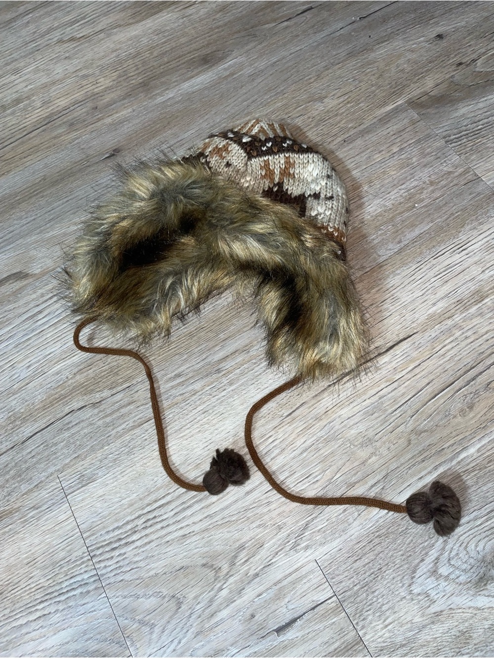 Kids Faux Fur Trim Knit Trapper Hat - Brown